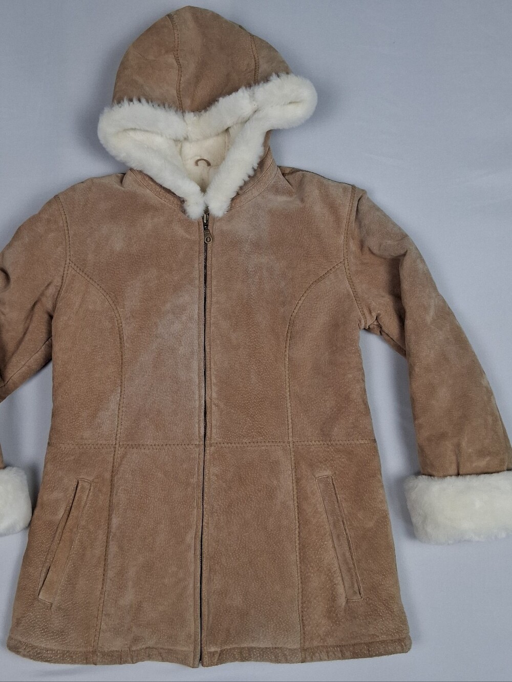 Wilsons Leather Shearling Coat White faux Fur-lined Hood Womens Size Medium Tan